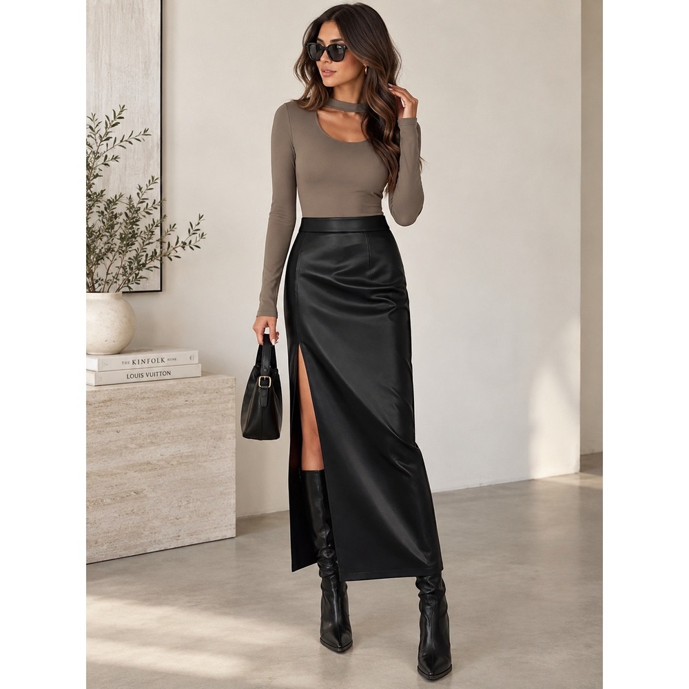 COMMENSE Black Side Split Soft Faux Leather High Waist Midi Skirt Size M NEW